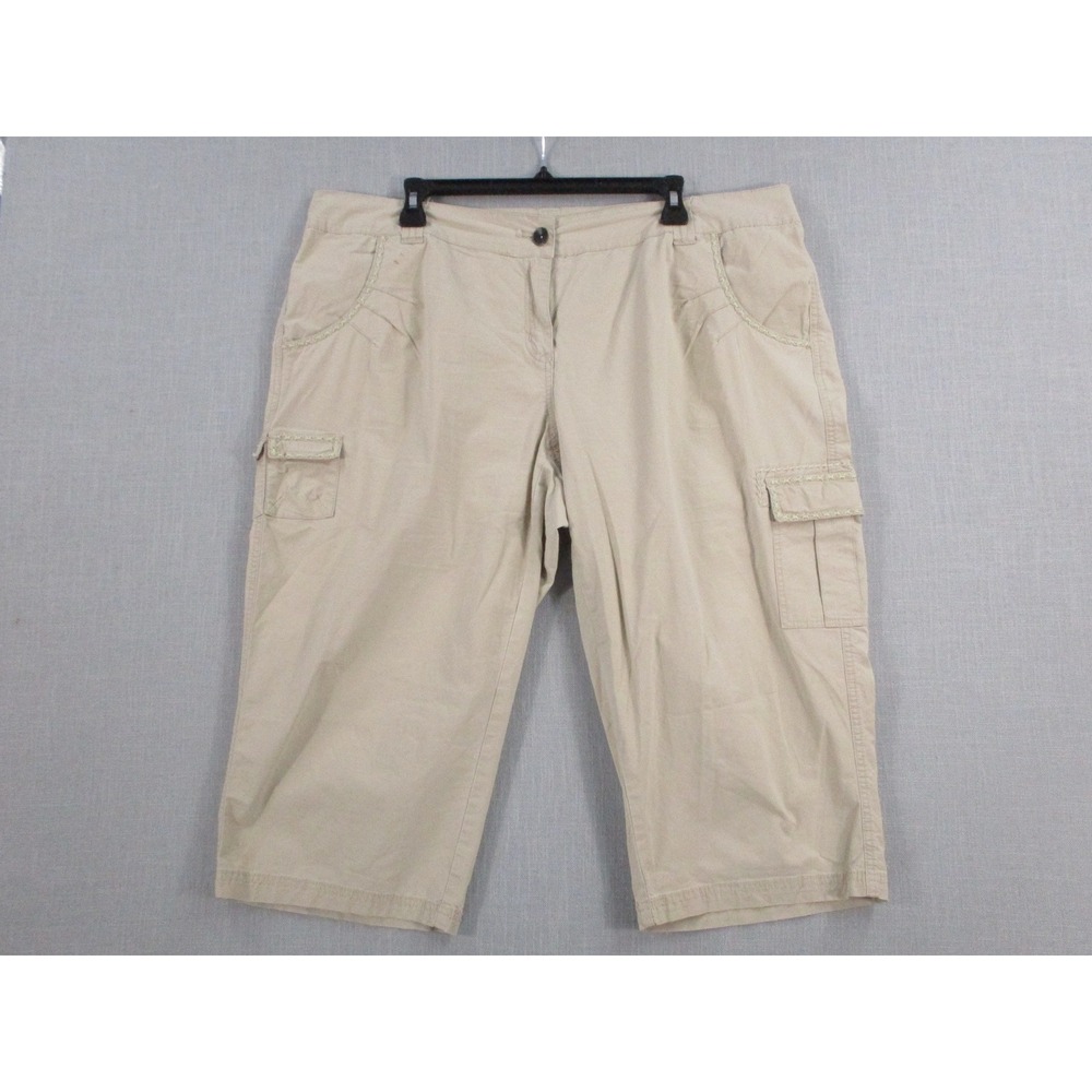 Avenue Women Khaki Tan Cargo Capri Pants Size 16 Stretch Cotton Embroidered Trim